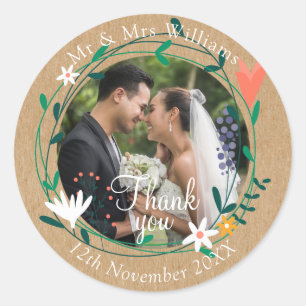 Sticker Rond Couronne florale de mariage de campagne Merci