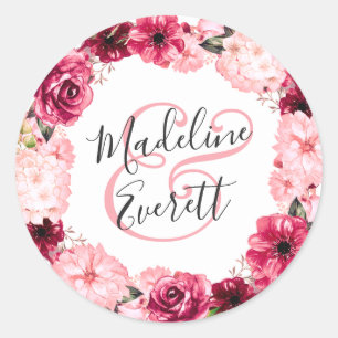 Sticker Rond Couronne florale de mariage en monogramme rose fuc