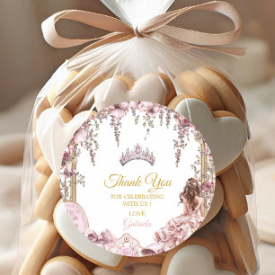 Sticker Rond Couronne florale de Quinceañera rose et or
