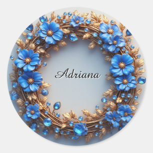 Sticker Rond Couronne florale élégante d'éléments bleus et doré
