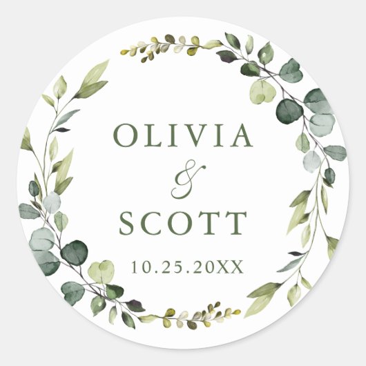 Sticker Rond Couronne florale moderne en eucalyptus pour mariag (Devant)