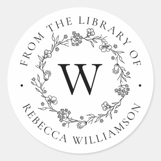 Sticker Rond Couronne florale monogramme de la bibliothèque (Devant)