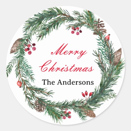 Sticker Rond Couronne florale personnalisée Joyeux Noël Nom de  (Devant)