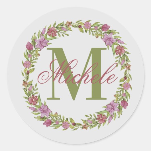 Sticker Rond Couronne florale personnalisée Nom Monogramme (Devant)