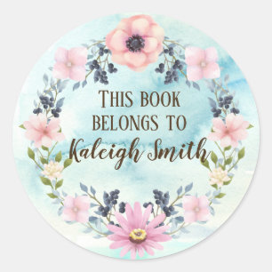 Sticker Rond Couronne florale rose bleue Nom aquarelle