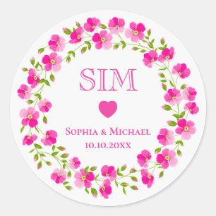 Sticker Rond Couronne florale rose élégante avec monogramme, ca