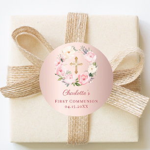 Sticker Rond Couronne florale rose en or rose pour la Première