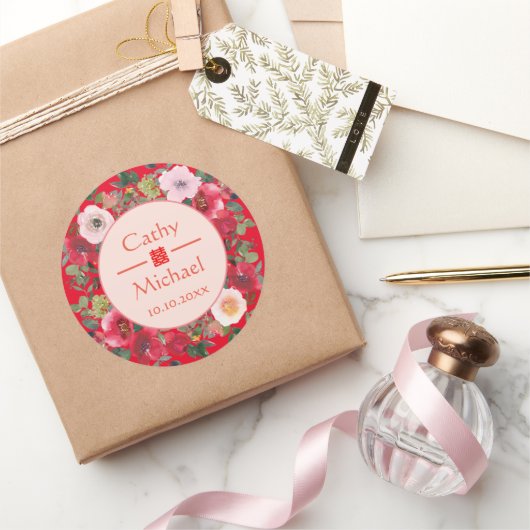 Sticker Rond Couronne florale rouge mariage chinois moderne (Cadeaux)