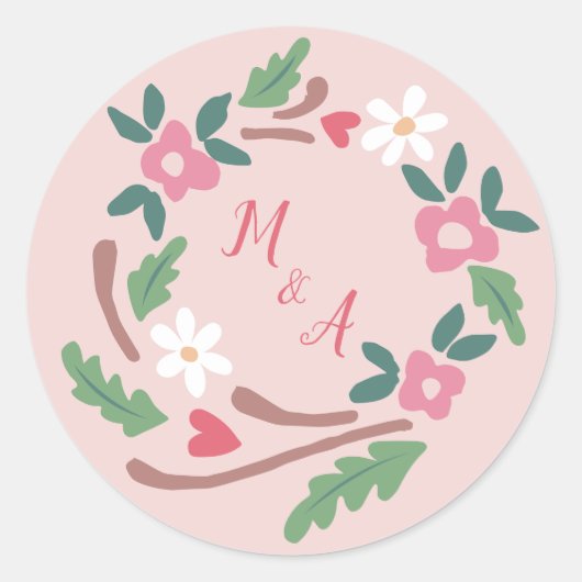 Sticker Rond Couronne florale rustique avec Monogramme (Devant)