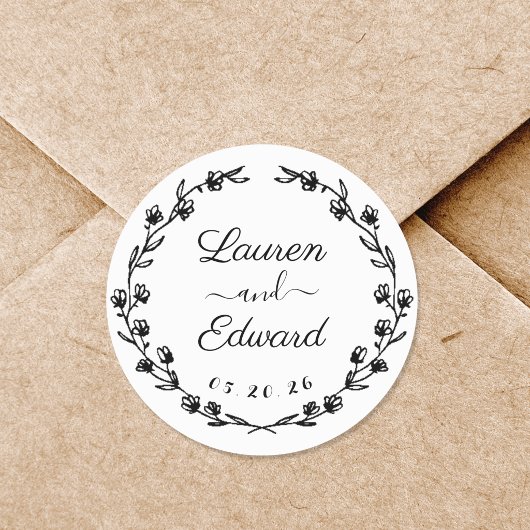Sticker Rond Couronne florale rustique monogramme de mariage