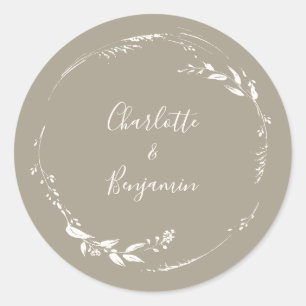 Sticker Rond Couronne florale Taupe Bohème Calligraphie Personn