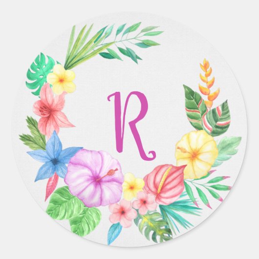 Sticker Rond Couronne florale tropicale monogrammée (Devant)
