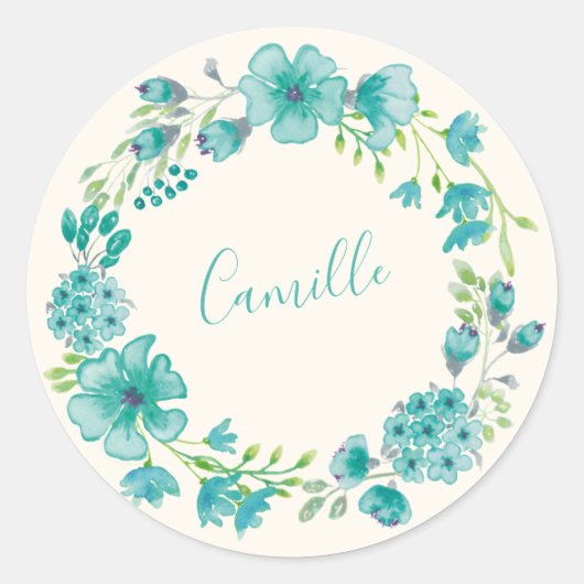 Sticker Rond Couronne florale verte Aqua personnalisée avec un (Devant)