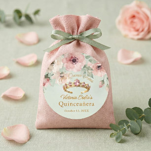 Sticker Rond Couronne florale verte sauge rose Quinceañera
