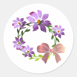 Sticker Rond Couronne florale violette avec ruban