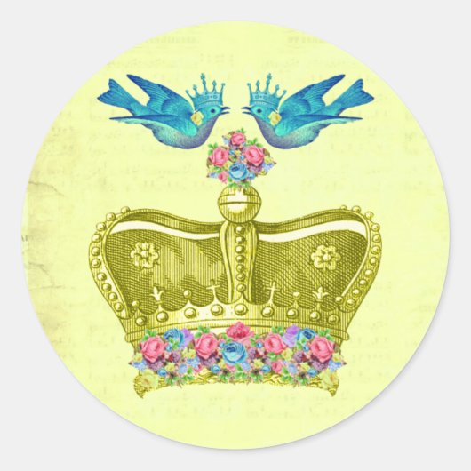 Sticker Rond Couronne jaune avec oiseaux bleus et fleurs (Devant)