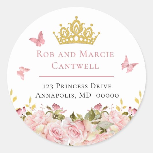 Sticker Rond Couronne | Papillons Floral Princess Adresse de re (Devant)