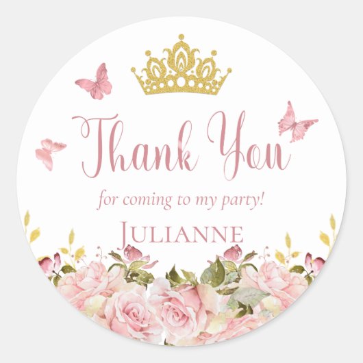 Sticker Rond Couronne | Papillons rose Floral Merci d'anniversa (Devant)