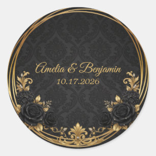 Sticker Rond Couronne Royale de Mariage Élégant en Or Noir