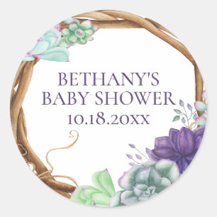 Sticker Rond Couronne rustique Baby Shower Succulentes aquarell