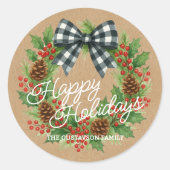 Sticker Rond Couronne rustique de houx avec noeud à carreaux bl (Devant)