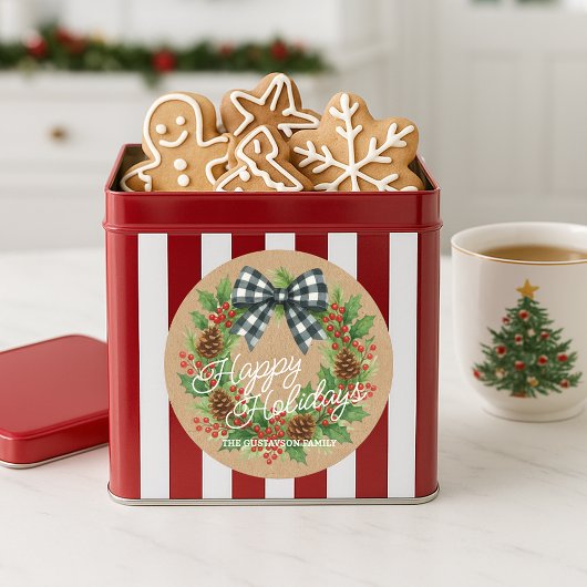 Sticker Rond Couronne rustique de houx avec noeud à carreaux bl