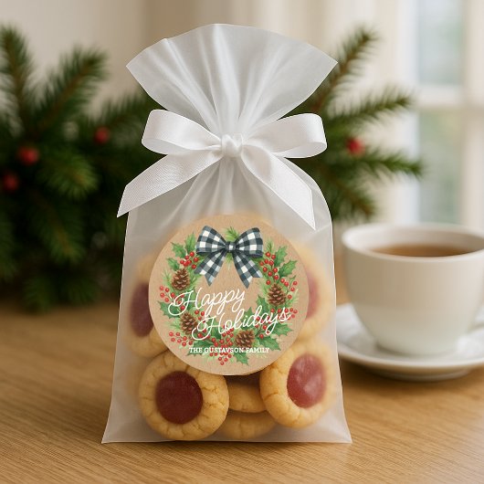 Sticker Rond Couronne rustique de houx avec noeud à carreaux bl