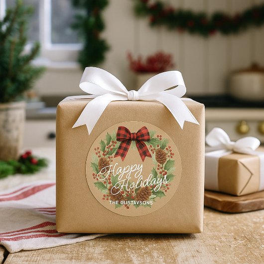 Sticker Rond Couronne rustique de houx avec noeud à carreaux ro