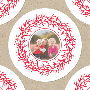 Sticker Rond Couronne scandinave photo Rouge et blanc