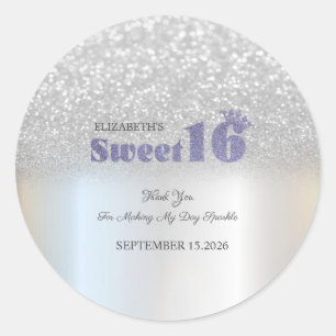 Sticker Rond Couronne Sweet 16 Bokeh Paillettes Argentées