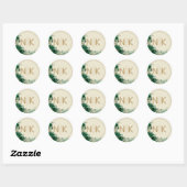 Sticker Rond Couronne tropicale moderne avec Monogramme Mariage (Feuille)