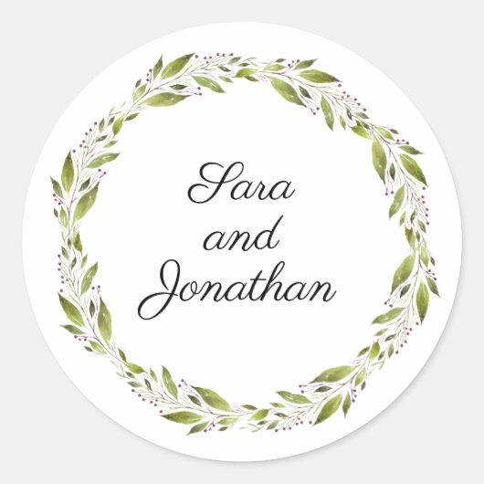 Sticker Rond Couronne verte aux fleurs bordeaux | MARIAGE (Devant)