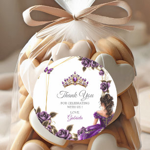 Sticker Rond Couronnes de roses violettes et dorées Quinceañera