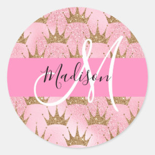 Sticker Rond Couronnes Monogramme Paillettes Rose et Or Glamour