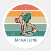 Sticker Rond Course de natation rétro personnalisée fille avec  (Devant)