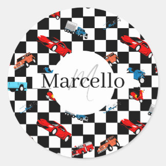 Sticker Rond Course Motif moderne noir et blanc avec voitures