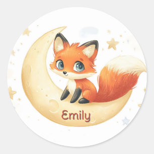 Sticker Rond Couteau Fox assis sur la lune avec étoiles