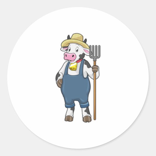 Sticker Rond Cow as Farmer with Pitchfork (Devant)