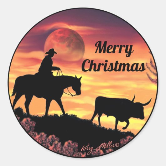 Sticker Rond Cow-boy Herding Longhorn Steer (Devant)