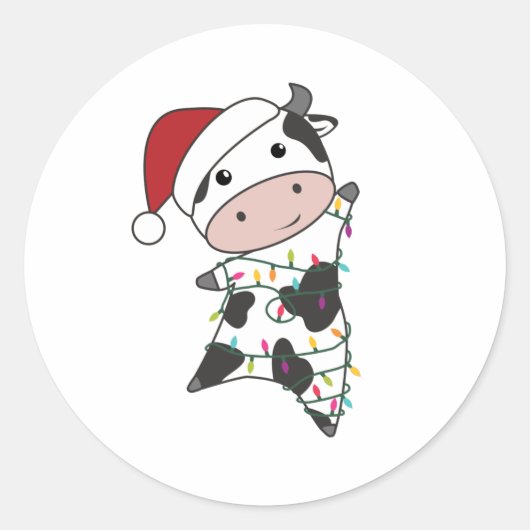 Sticker Rond Cow Cheerful Christmas Winter Animals (Devant)