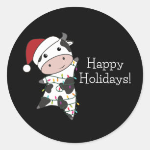 Sticker Rond Cow Cheerful Christmas Winter Animals