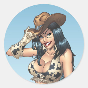 Sticker Rond Cow-girl inclinant son illustration de casquette