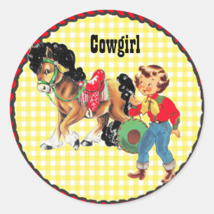 Sticker Rond Cow-girl Western Party avec chevalier