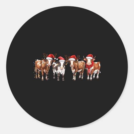 Sticker Rond Cow Reindeer Santa Hat Christmas Light Funny Cows (Devant)