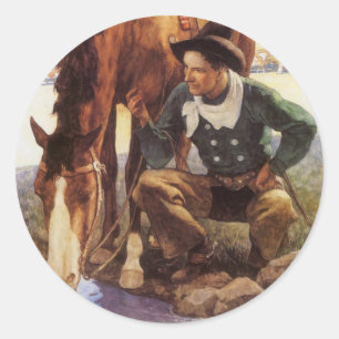 Sticker Rond Cowboy arroser son cheval par NC Wyeth, Art Vintag