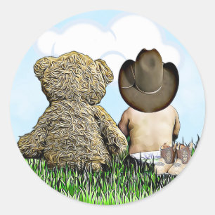 Sticker Rond Cowboy et Teddy Bear Baby Boy