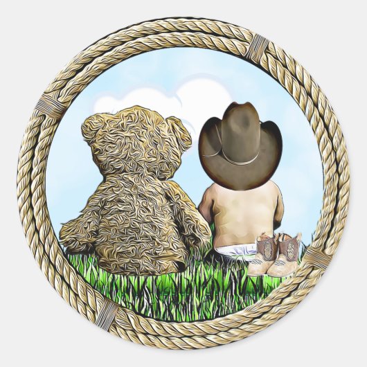 Sticker Rond Cowboy et Teddy Bear Baby Boy (Devant)