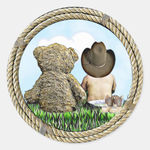 Sticker Rond Cowboy et Teddy Bear Baby Boy