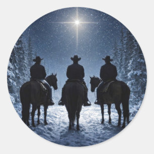 Sticker Rond Cowboys Fêtes de Noël Chevaux Étoile du Nord