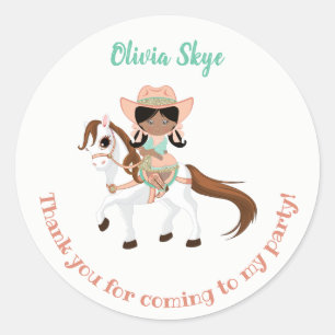 Sticker Rond Cowgirl afro-américaine sur un cheval pour l'anniv